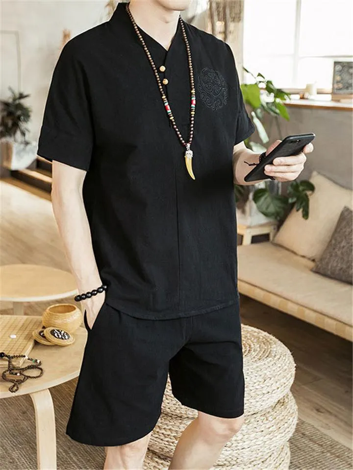 Lightweight Linen Two-Piece Outfit Wrap Neck T-Shirt   Elastic Waistband Knee-Length Pants