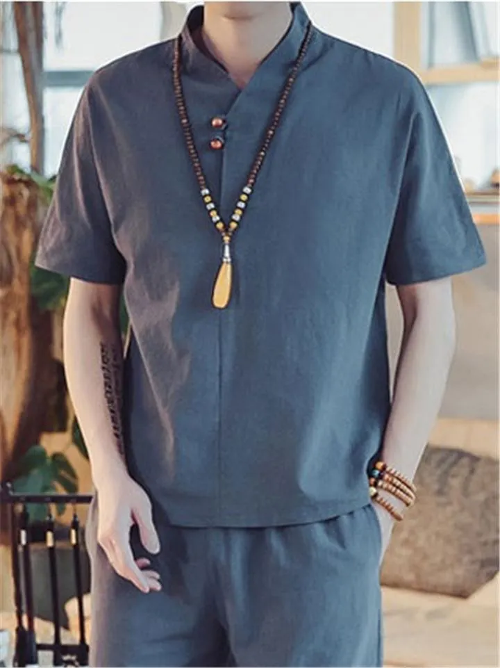 Lightweight Linen Two-Piece Outfit Wrap Neck T-Shirt   Elastic Waistband Knee-Length Pants
