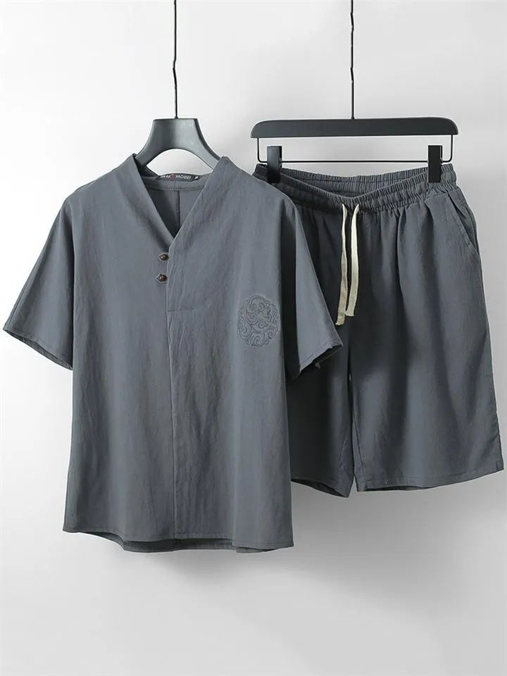 Lightweight Linen Two-Piece Outfit Wrap Neck T-Shirt   Elastic Waistband Knee-Length Pants