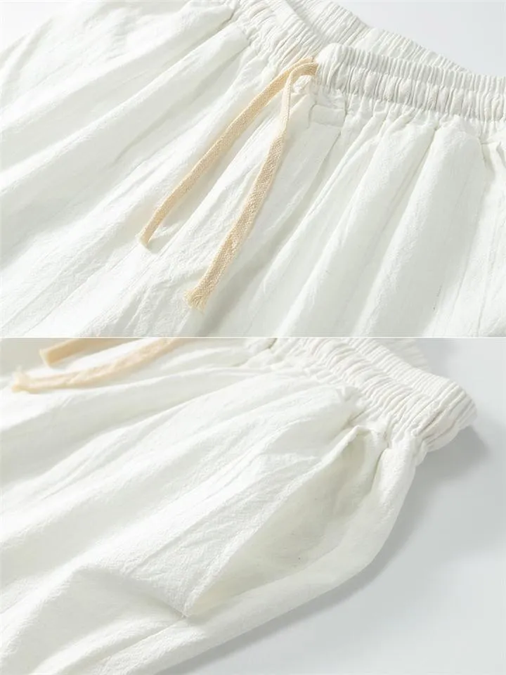 Lightweight Linen Two-Piece Outfit Wrap Neck T-Shirt   Elastic Waistband Knee-Length Pants