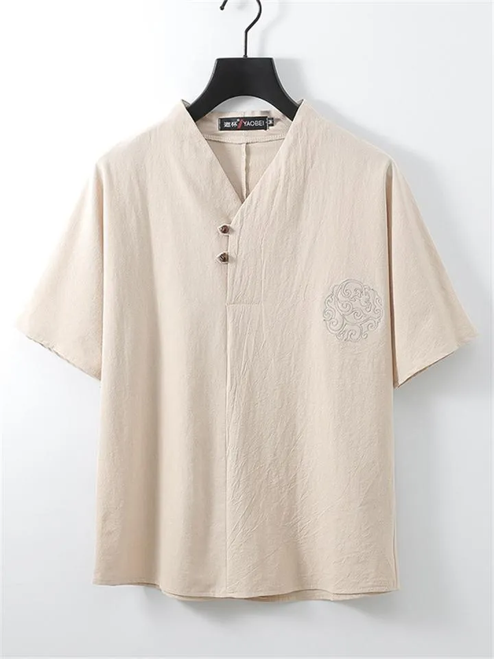 Lightweight Linen Two-Piece Outfit Wrap Neck T-Shirt   Elastic Waistband Knee-Length Pants