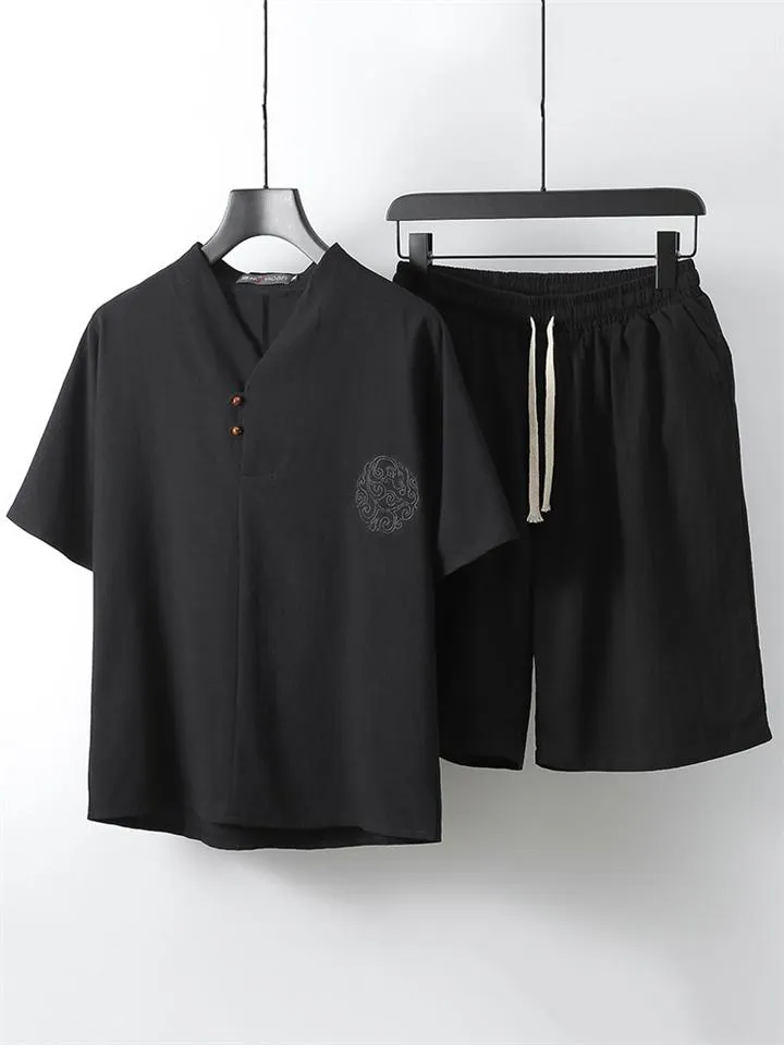Lightweight Linen Two-Piece Outfit Wrap Neck T-Shirt   Elastic Waistband Knee-Length Pants