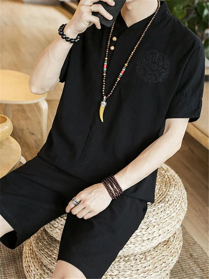 Lightweight Linen Two-Piece Outfit Wrap Neck T-Shirt   Elastic Waistband Knee-Length Pants