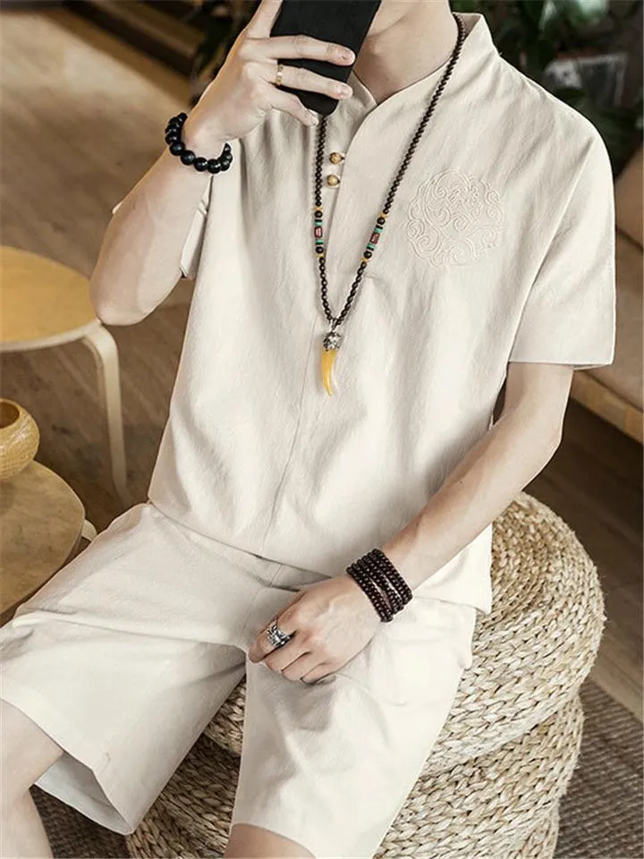 Lightweight Linen Two-Piece Outfit Wrap Neck T-Shirt   Elastic Waistband Knee-Length Pants