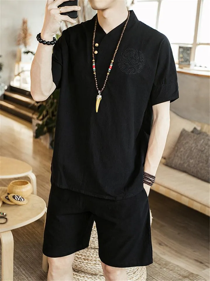 Lightweight Linen Two-Piece Outfit Wrap Neck T-Shirt   Elastic Waistband Knee-Length Pants