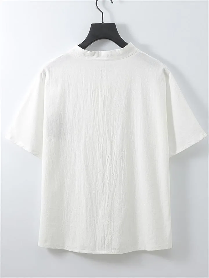 Lightweight Linen Two-Piece Outfit Wrap Neck T-Shirt   Elastic Waistband Knee-Length Pants