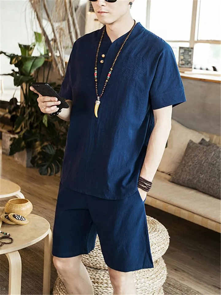 Lightweight Linen Two-Piece Outfit Wrap Neck T-Shirt   Elastic Waistband Knee-Length Pants