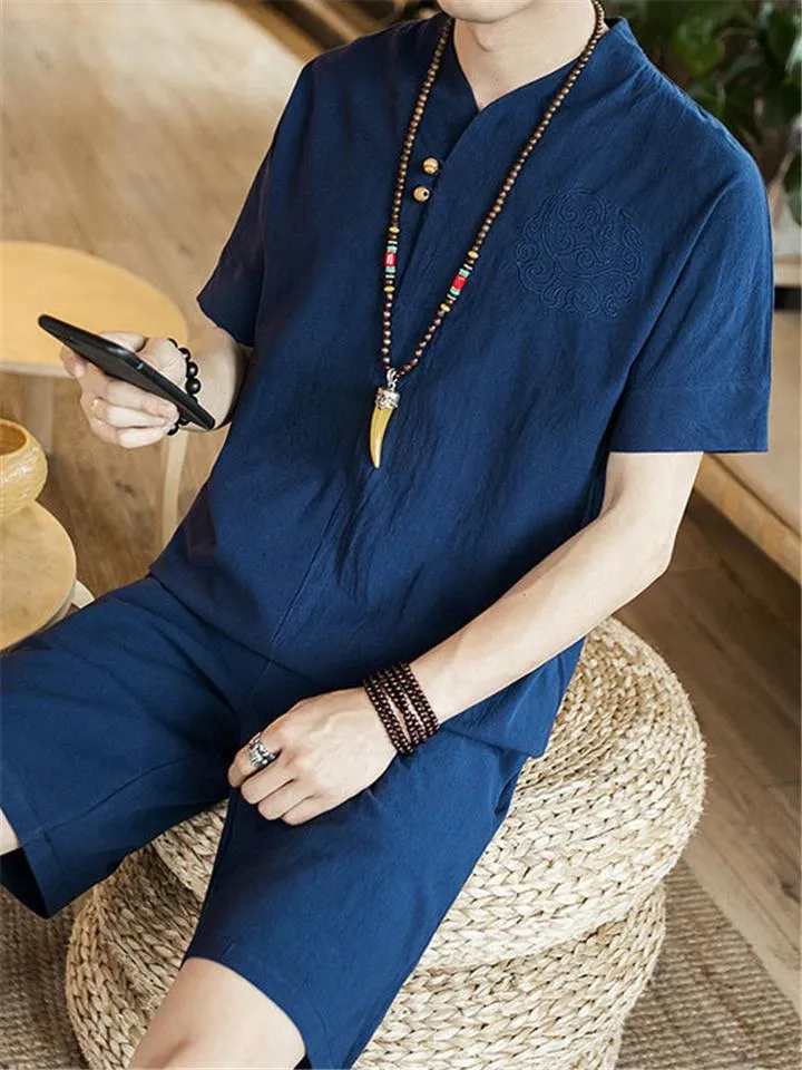 Lightweight Linen Two-Piece Outfit Wrap Neck T-Shirt   Elastic Waistband Knee-Length Pants