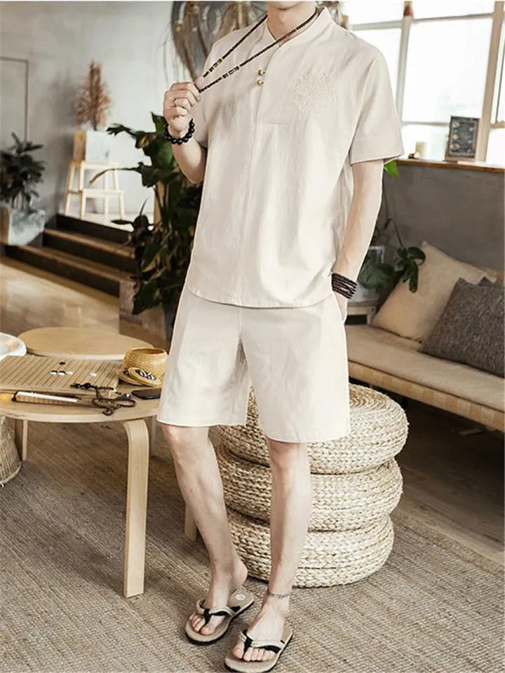 Lightweight Linen Two-Piece Outfit Wrap Neck T-Shirt   Elastic Waistband Knee-Length Pants