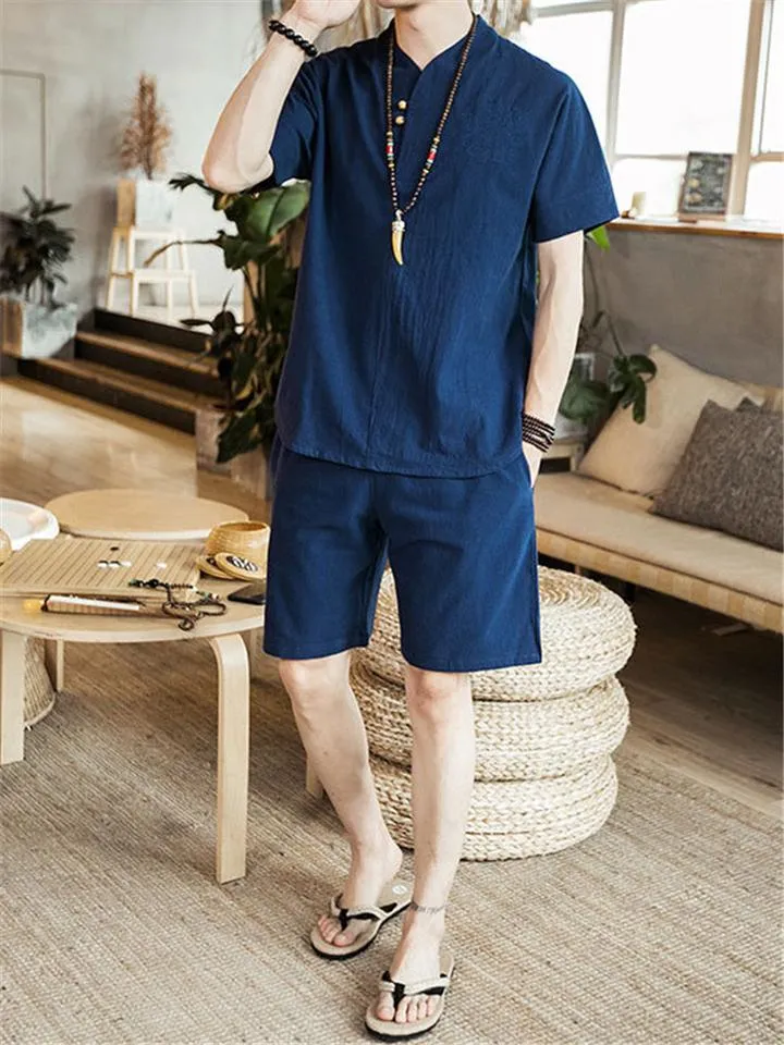 Lightweight Linen Two-Piece Outfit Wrap Neck T-Shirt   Elastic Waistband Knee-Length Pants