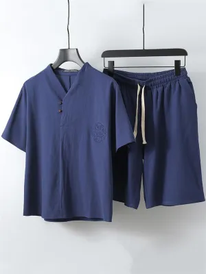 Lightweight Linen Two-Piece Outfit Wrap Neck T-Shirt   Elastic Waistband Knee-Length Pants