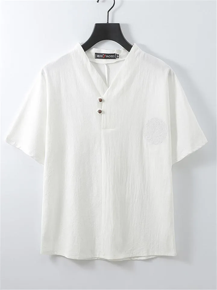 Lightweight Linen Two-Piece Outfit Wrap Neck T-Shirt   Elastic Waistband Knee-Length Pants