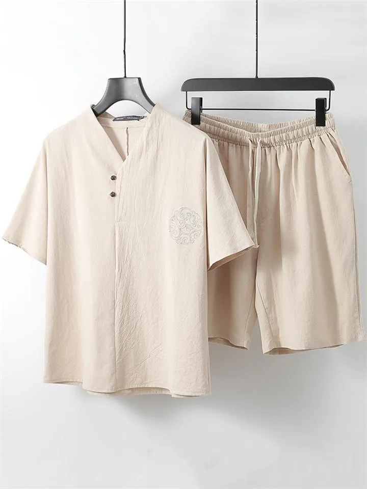 Lightweight Linen Two-Piece Outfit Wrap Neck T-Shirt   Elastic Waistband Knee-Length Pants