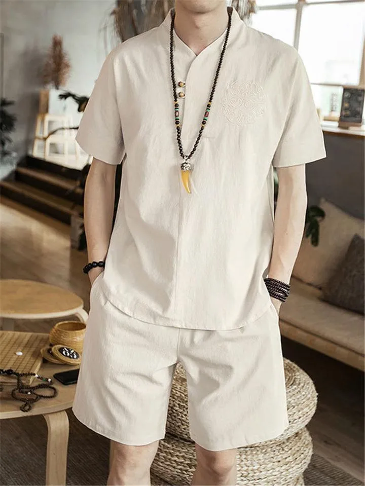 Lightweight Linen Two-Piece Outfit Wrap Neck T-Shirt   Elastic Waistband Knee-Length Pants