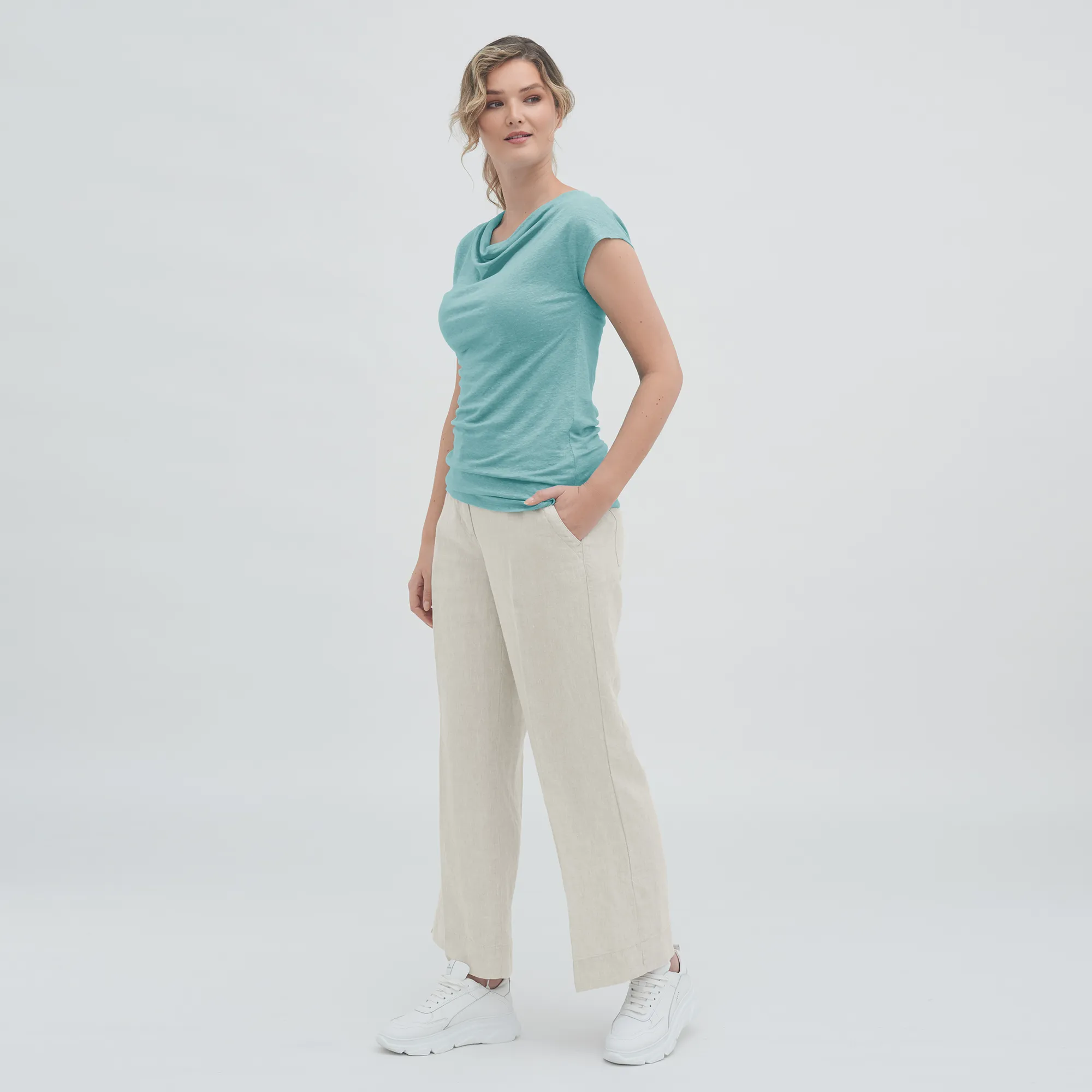 Linen Cowl Neck T-shirt: Womens