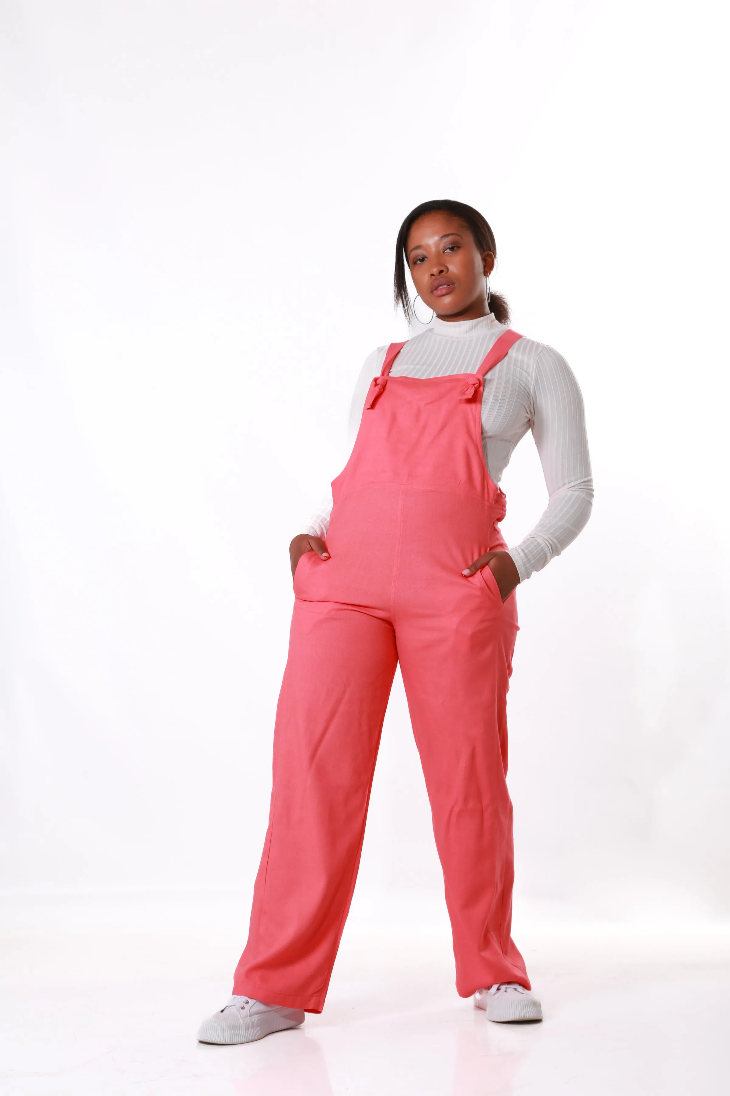 Linen Dungaree with Pockets- Coral