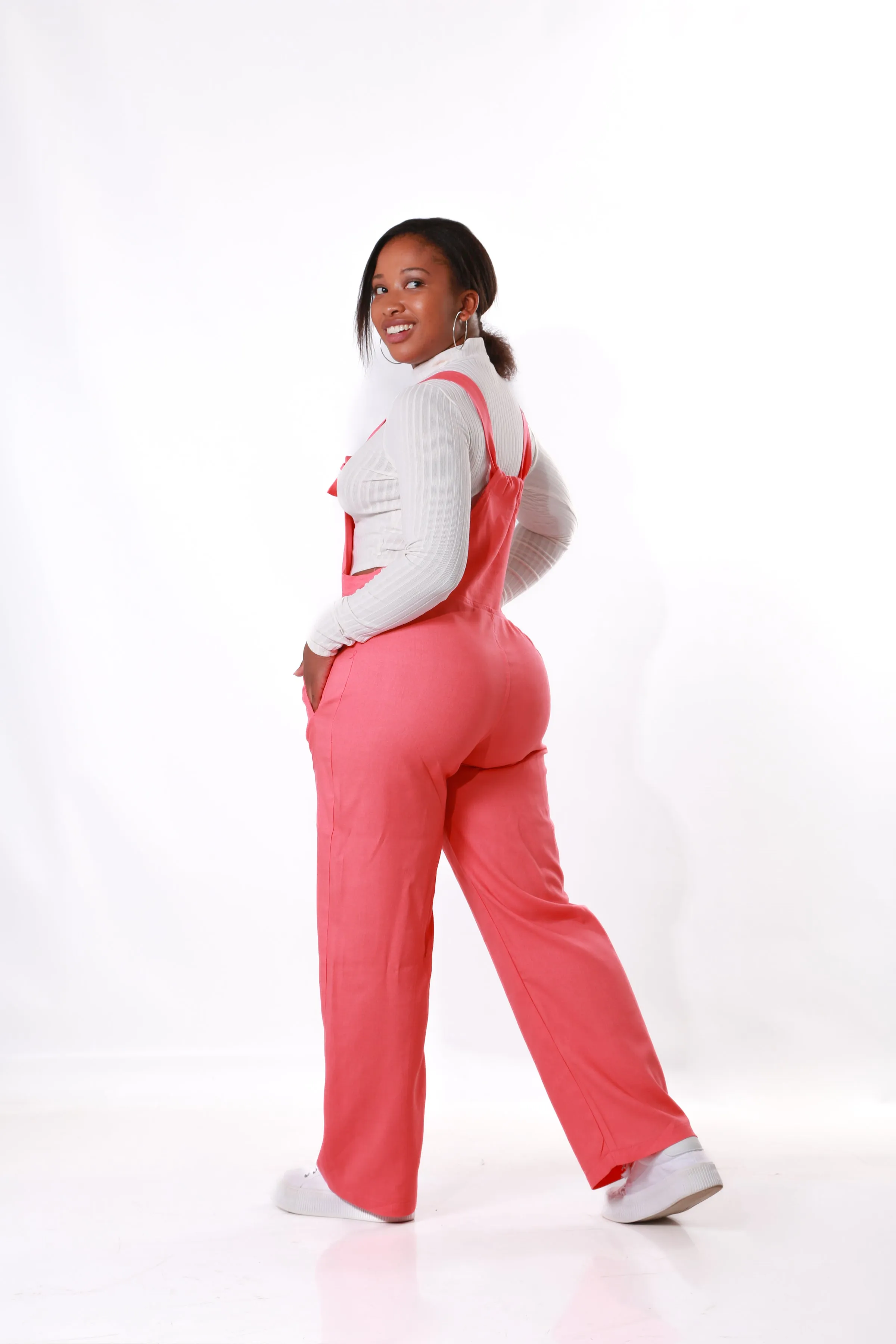 Linen Dungaree with Pockets- Coral