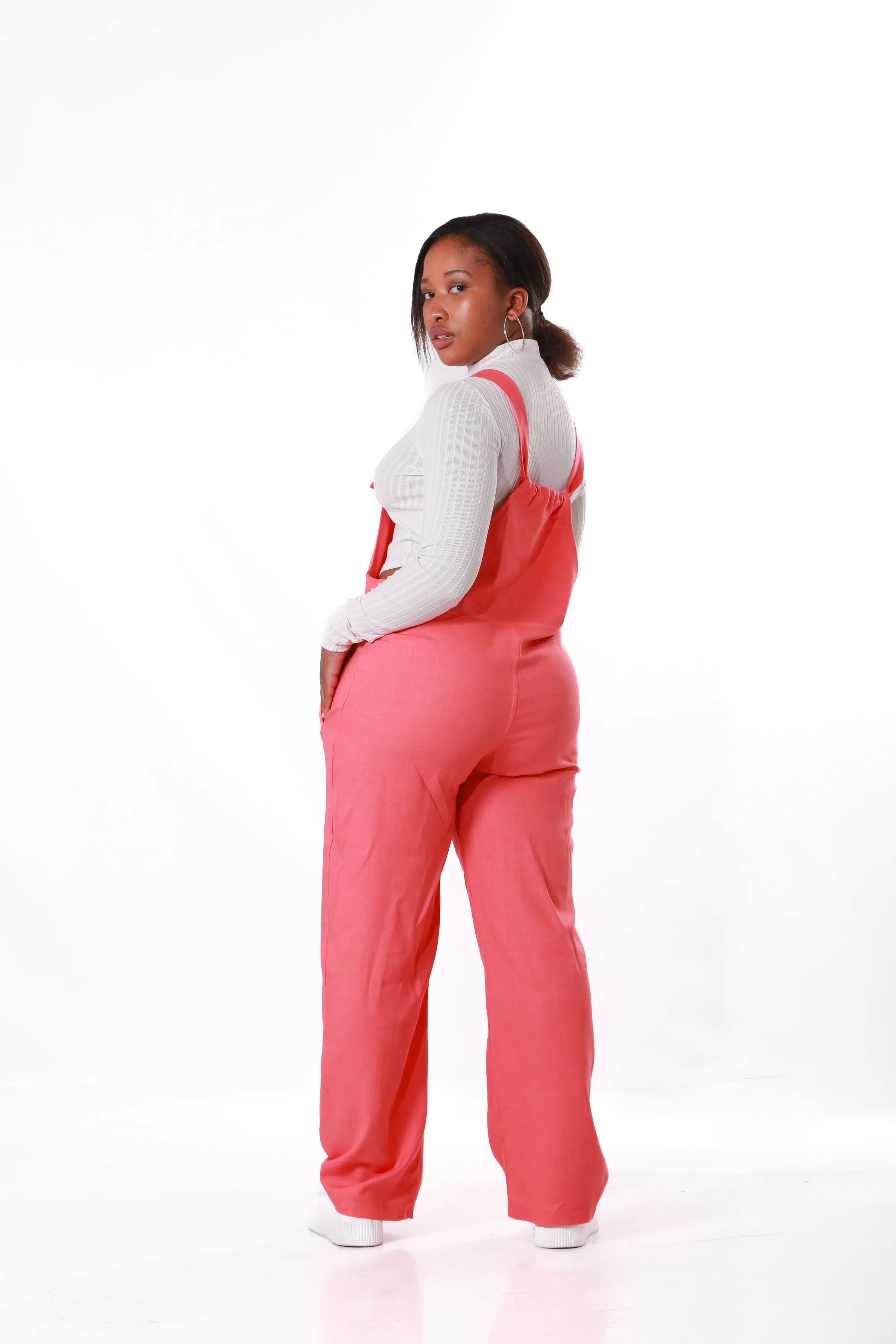 Linen Dungaree with Pockets- Coral