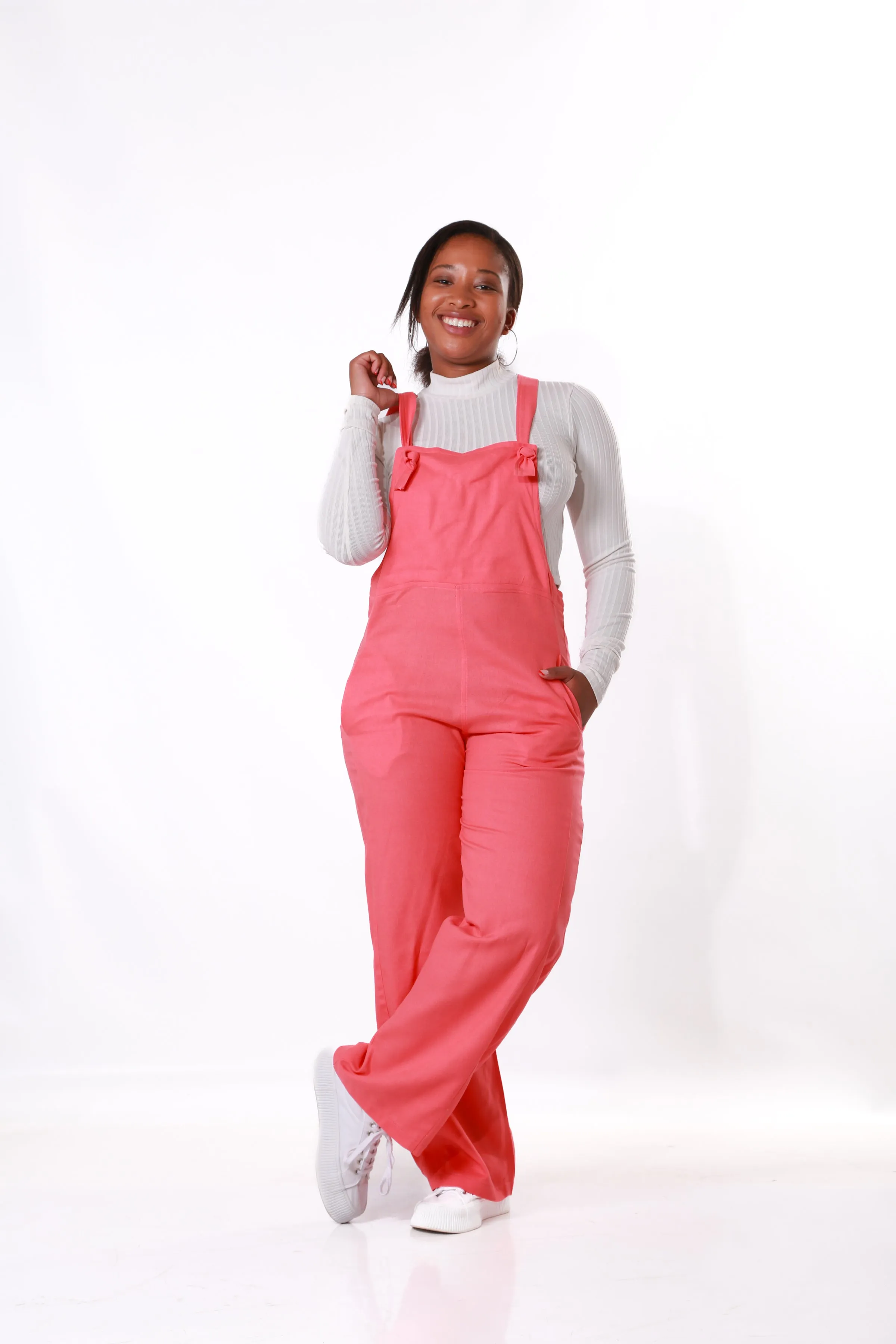 Linen Dungaree with Pockets- Coral