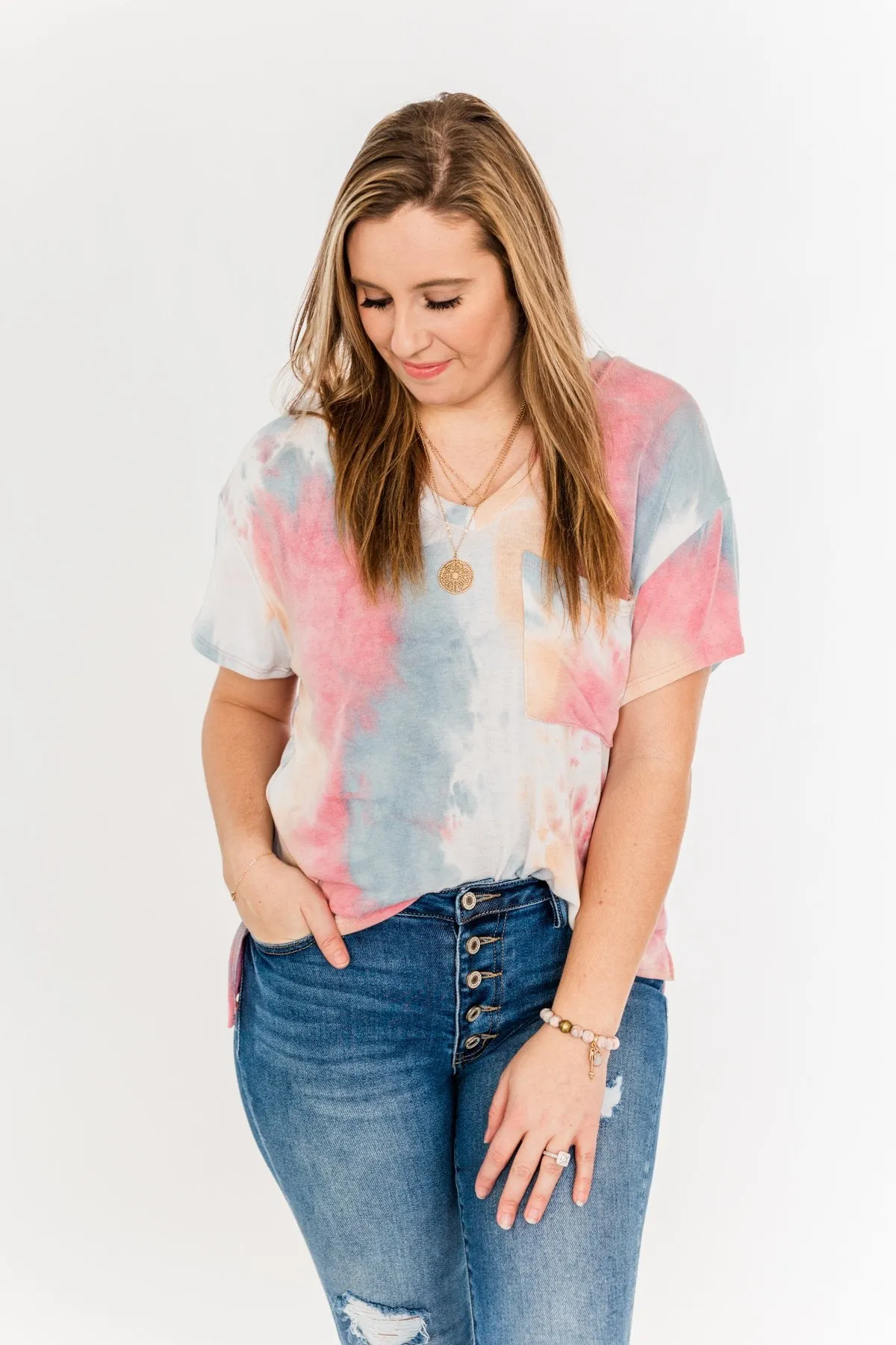 Living In Color Tie Dye Pocket Top- Pink, Light Orange, Blue