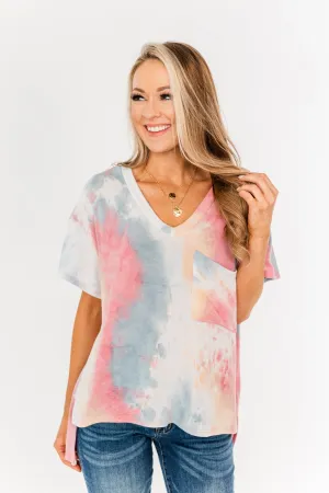 Living In Color Tie Dye Pocket Top- Pink, Light Orange, Blue