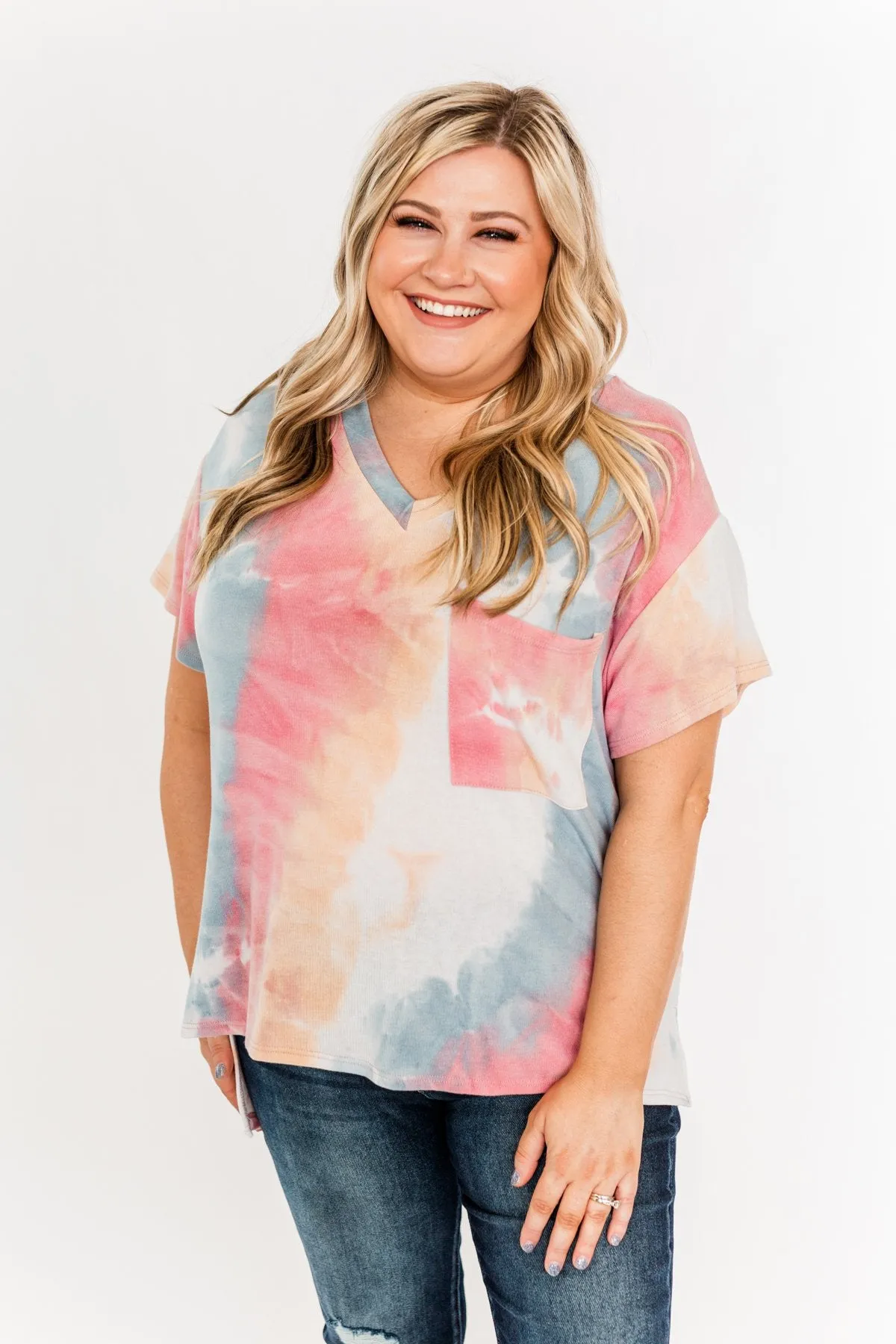 Living In Color Tie Dye Pocket Top- Pink, Light Orange, Blue