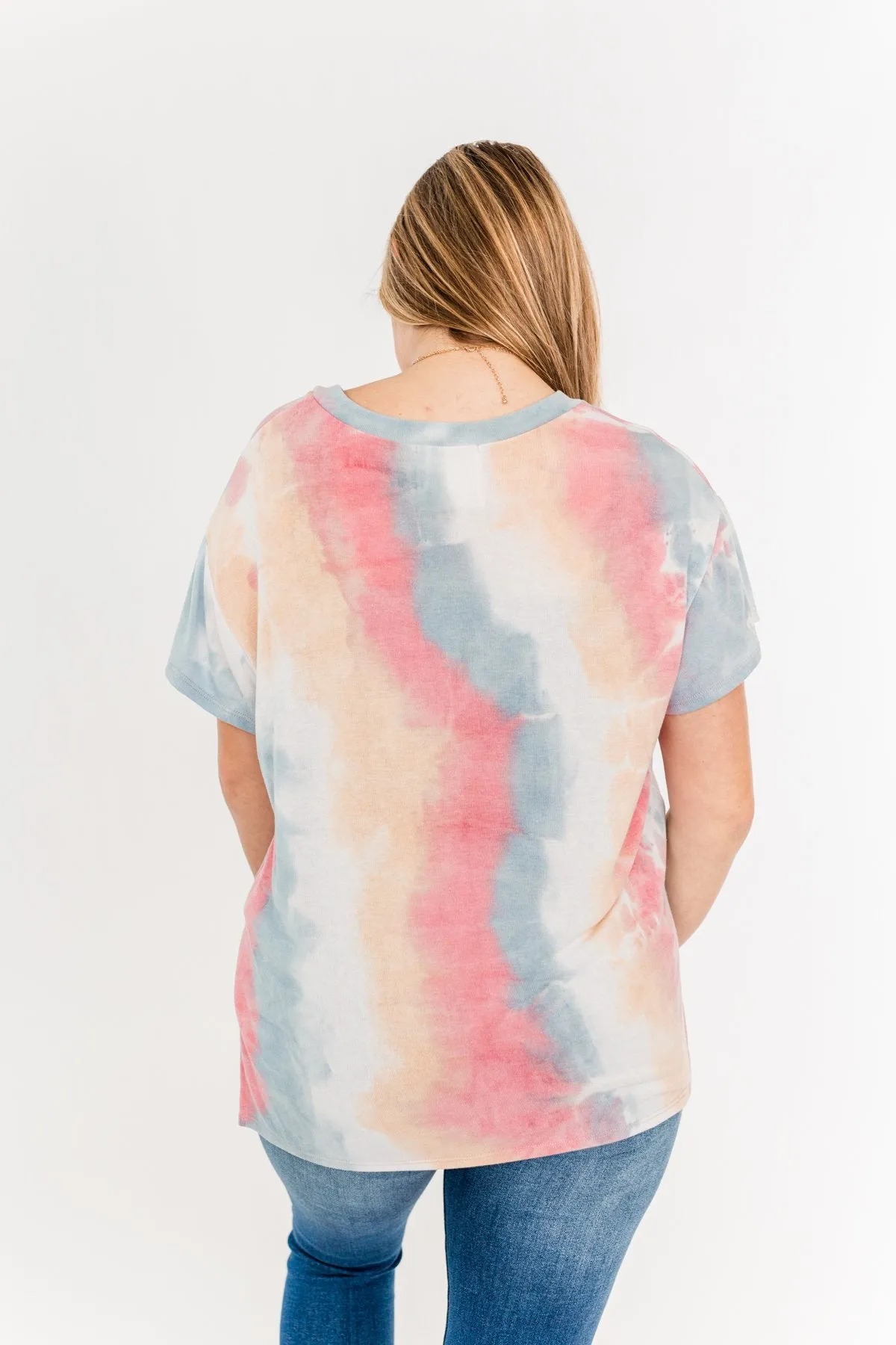 Living In Color Tie Dye Pocket Top- Pink, Light Orange, Blue