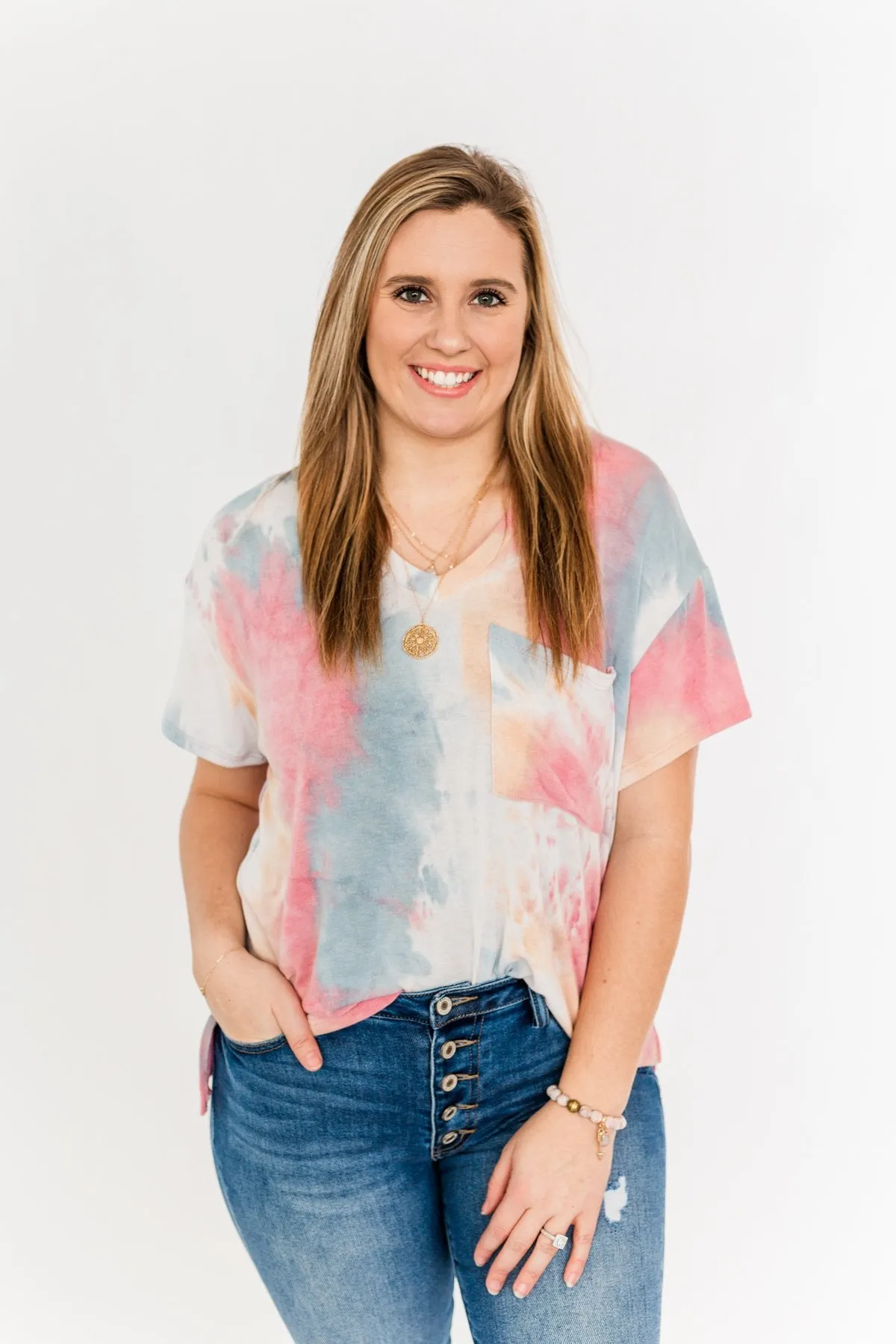 Living In Color Tie Dye Pocket Top- Pink, Light Orange, Blue