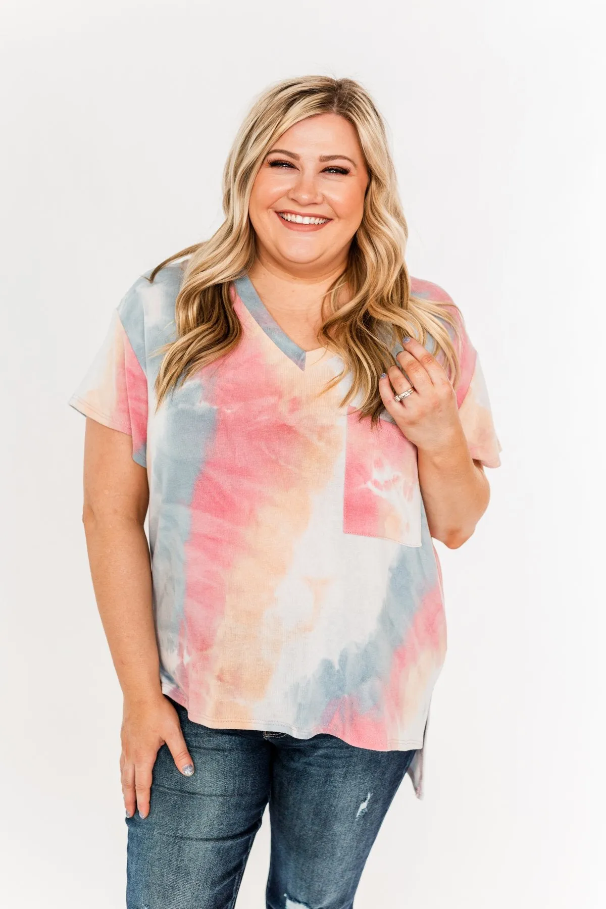 Living In Color Tie Dye Pocket Top- Pink, Light Orange, Blue
