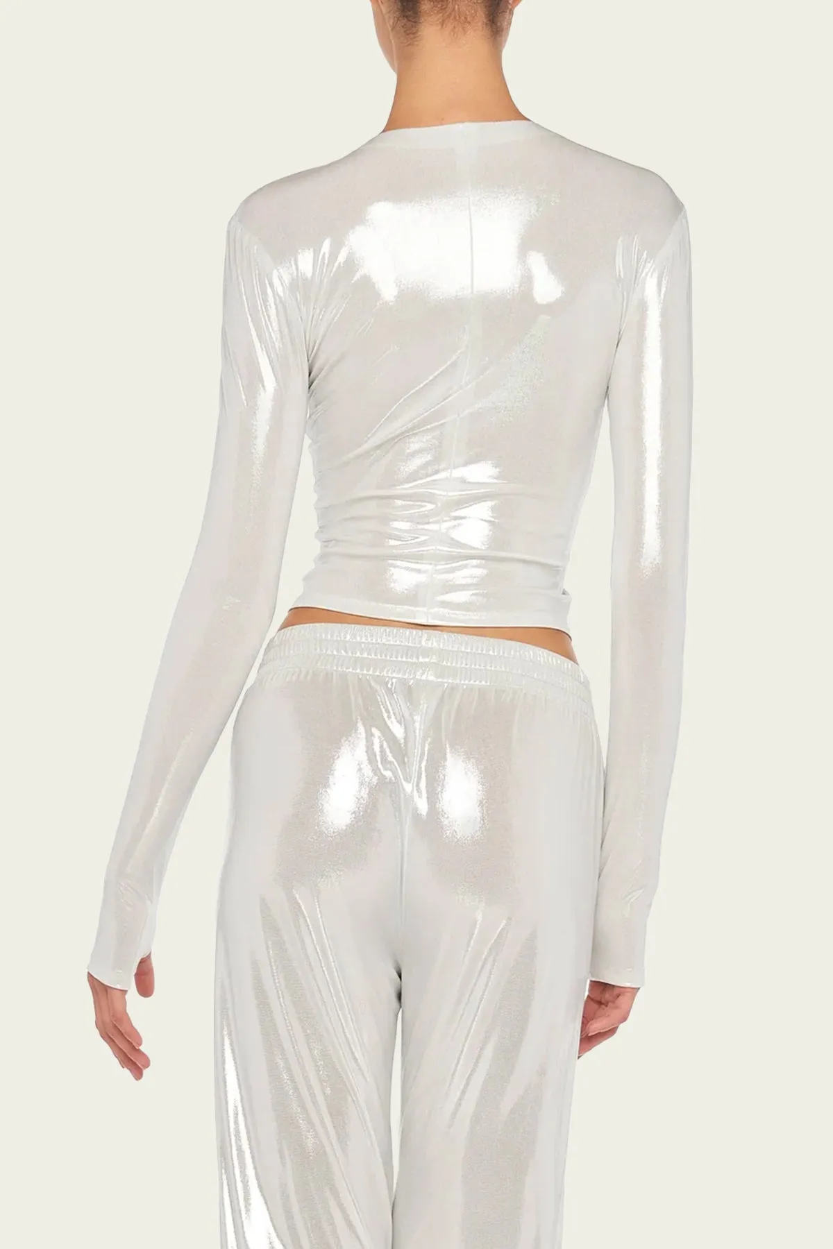 Long-Sleeve V-Neck Shirred Front Top in Pearl