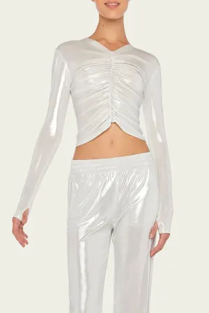 Long-Sleeve V-Neck Shirred Front Top in Pearl