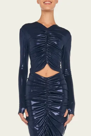 Long-Sleeve V-Neck Shirred Front Top in True Navy
