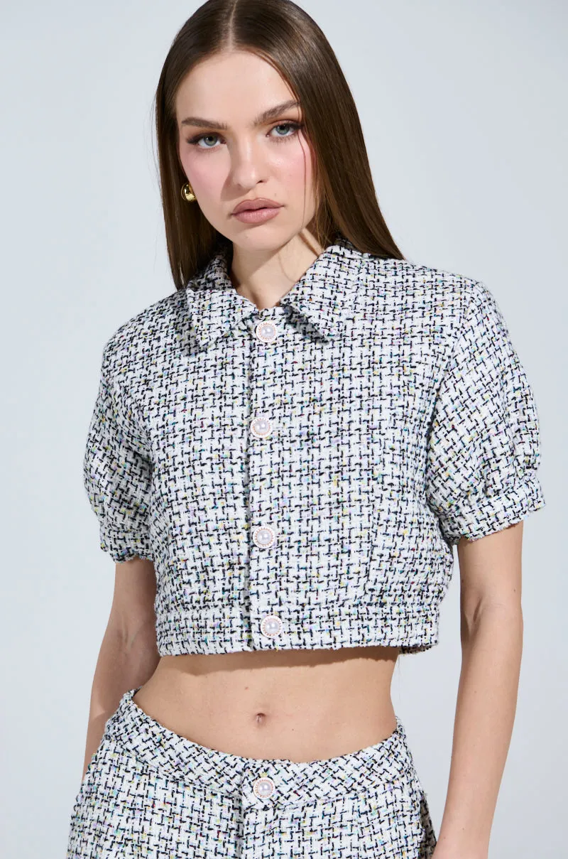LULU SHORT SLEEVE TWEED BLOUSE