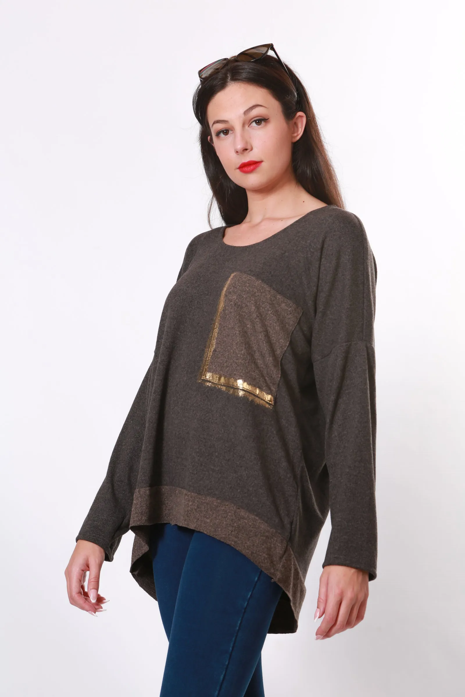 Made in Italy V neck knit with gold embellishment - Brown