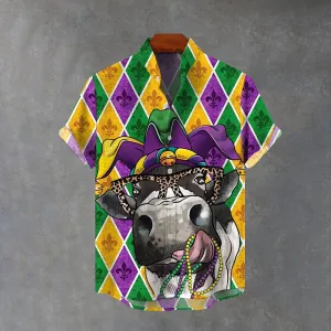 Mardi Gras Carnival Cow Printing Cotton Linen Short Sleeve Shirt