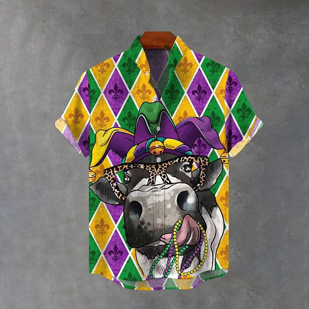 Mardi Gras Carnival Cow Printing Cotton Linen Short Sleeve Shirt