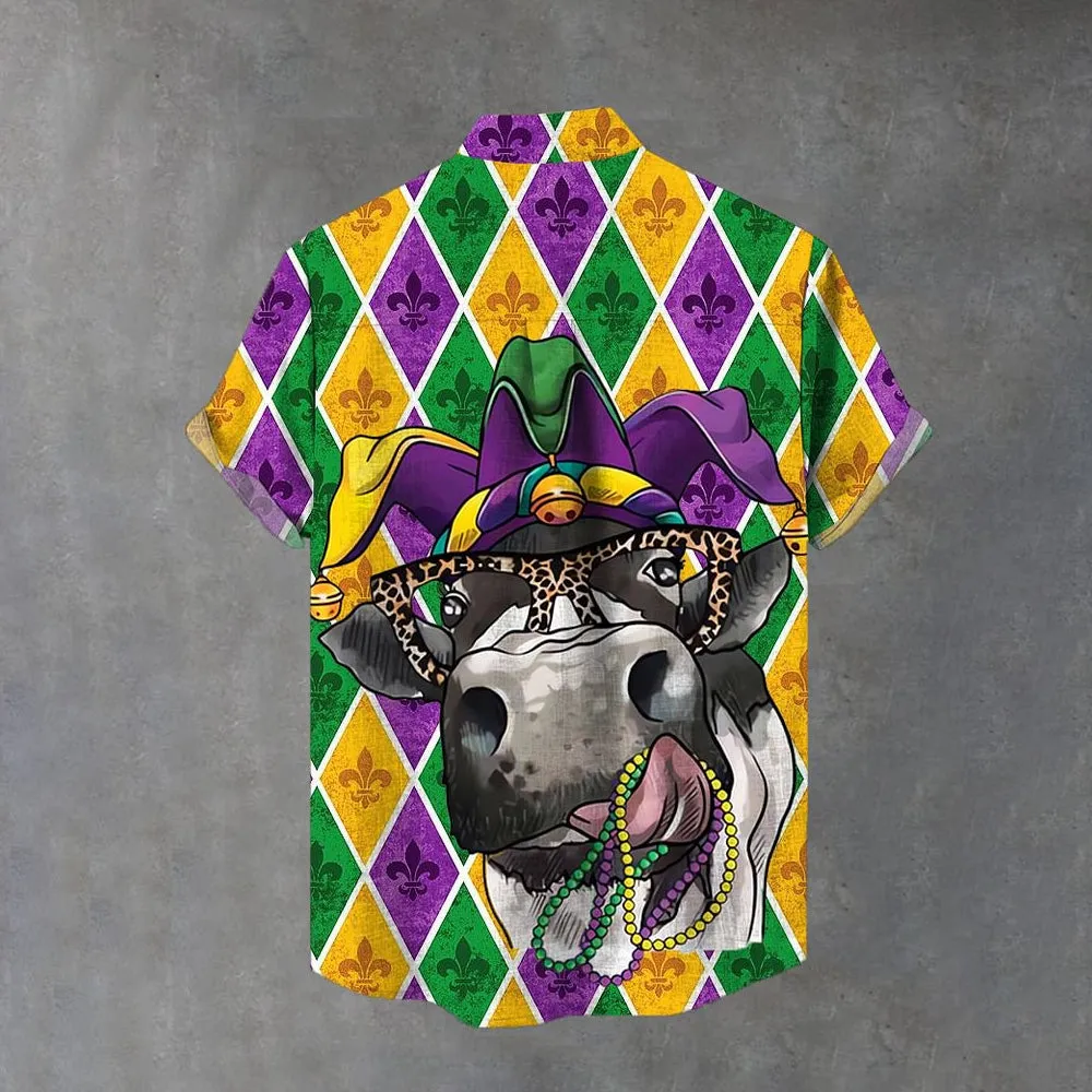 Mardi Gras Carnival Cow Printing Cotton Linen Short Sleeve Shirt