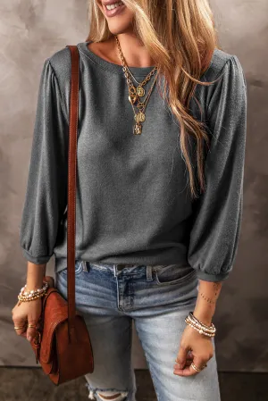 Medium Grey Solid Color 3/4 Sleeve Round Neck Top