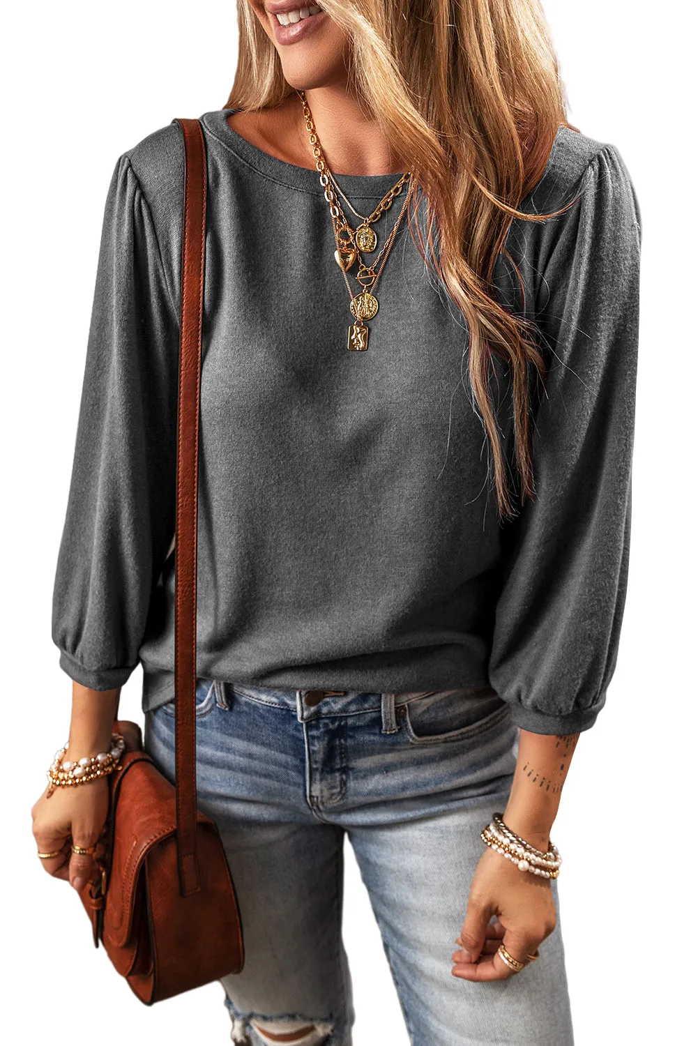 Medium Grey Solid Color 3/4 Sleeve Round Neck Top