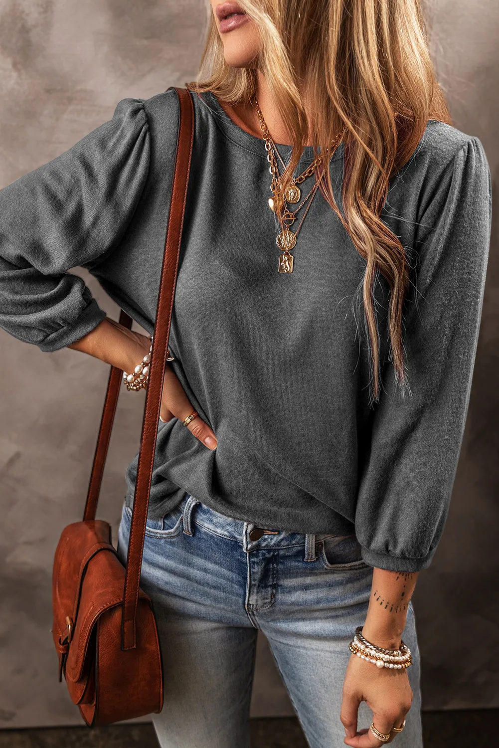 Medium Grey Solid Color 3/4 Sleeve Round Neck Top