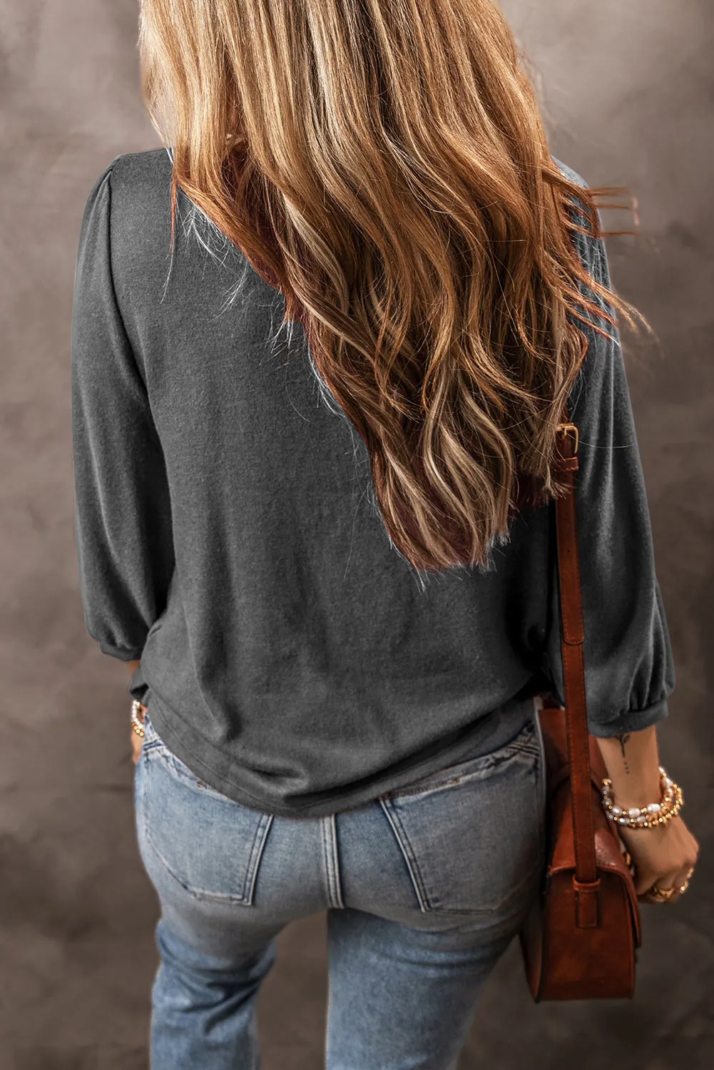 Medium Grey Solid Color 3/4 Sleeve Round Neck Top
