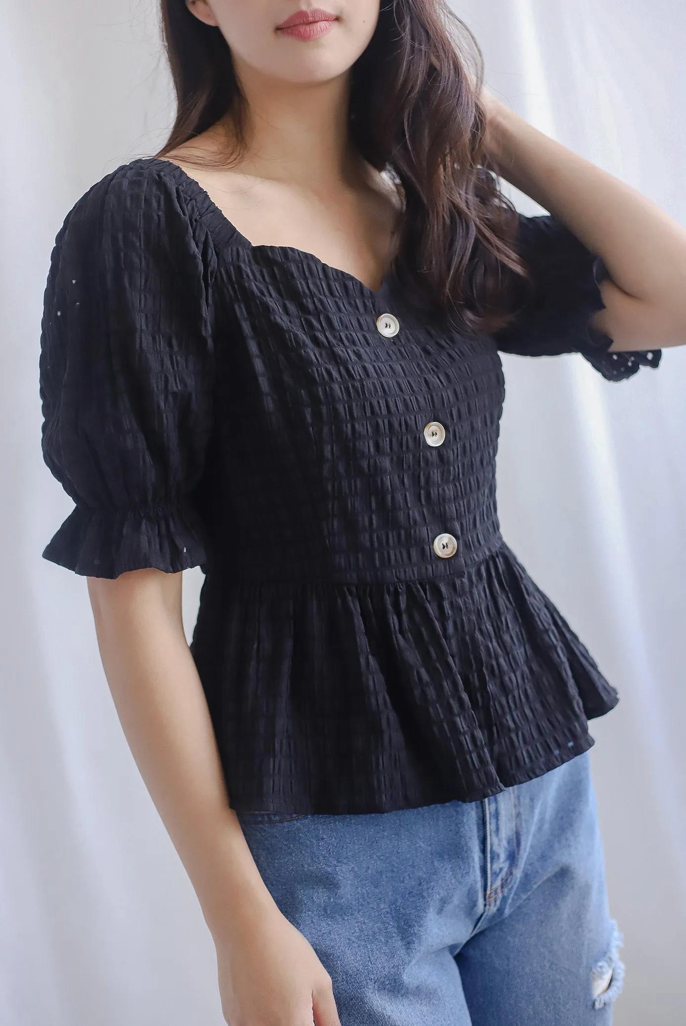 Melody Organza Peplum Buttons Top In Black