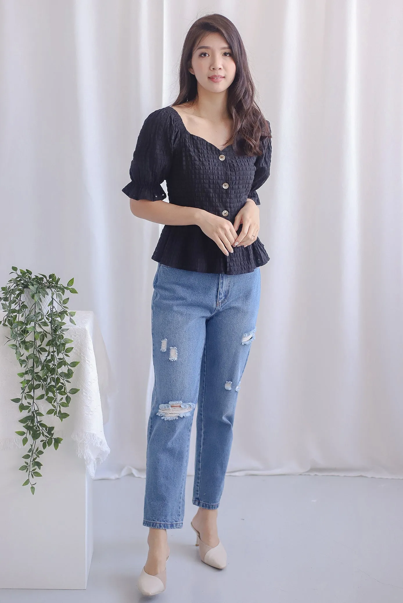 Melody Organza Peplum Buttons Top In Black