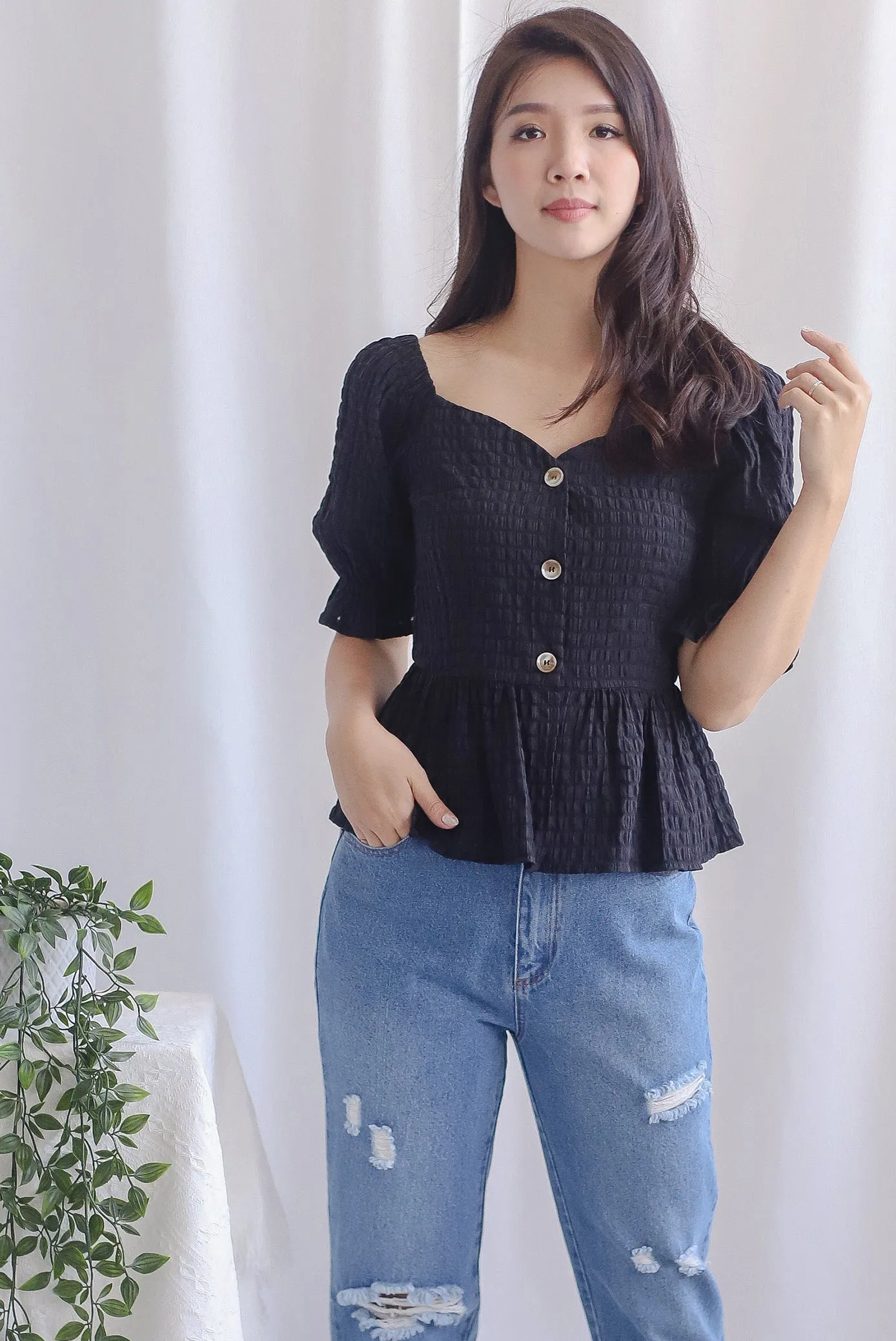 Melody Organza Peplum Buttons Top In Black