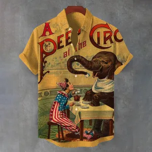 Men's Funny Circus Elephant Nostalgia Art Print Casual Shirt