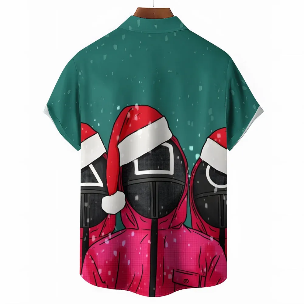 Men's Squidward Games Santa Hat Print Short Sleeve Shirt 2412004889