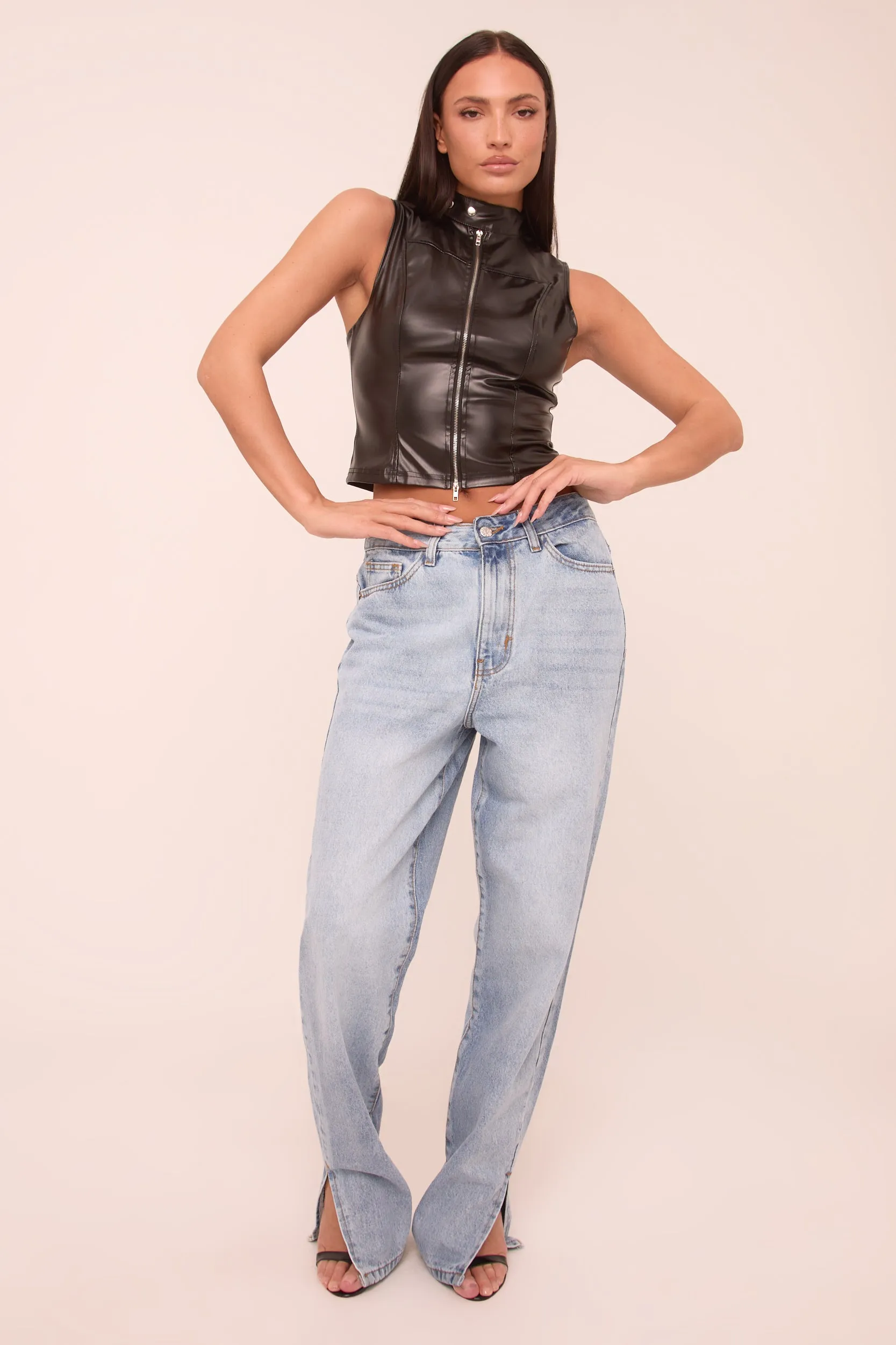 Mid Wash Straight Leg Side Split Hem Jeans - Tashi