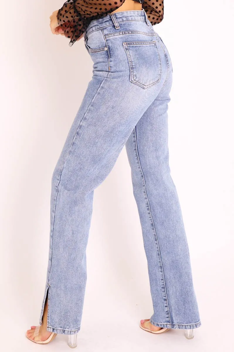 Mid Wash Straight Leg Side Split Hem Jeans - Tashi