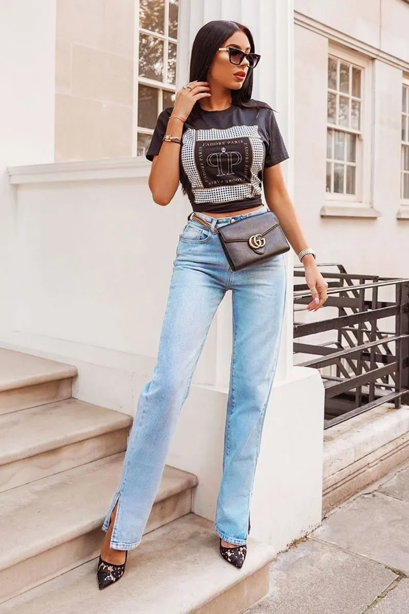 Mid Wash Straight Leg Side Split Hem Jeans - Tashi