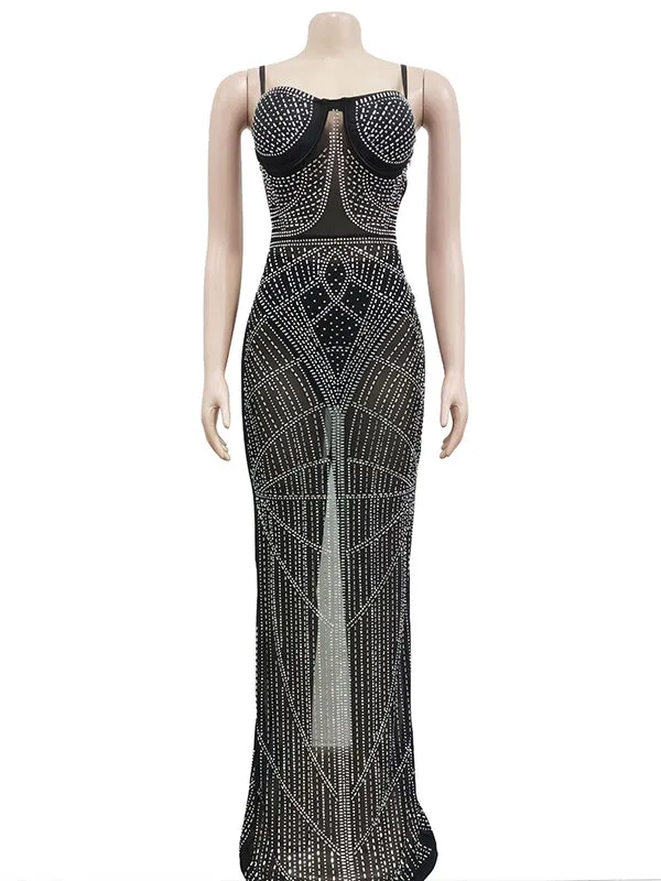 Momnfancy Diamond Mesh Rhinestone Slit Cami Spaghetti Straps Bodycon Elegant Evening Gown Maternity Photoshoot Baby Shower Maxi Dress